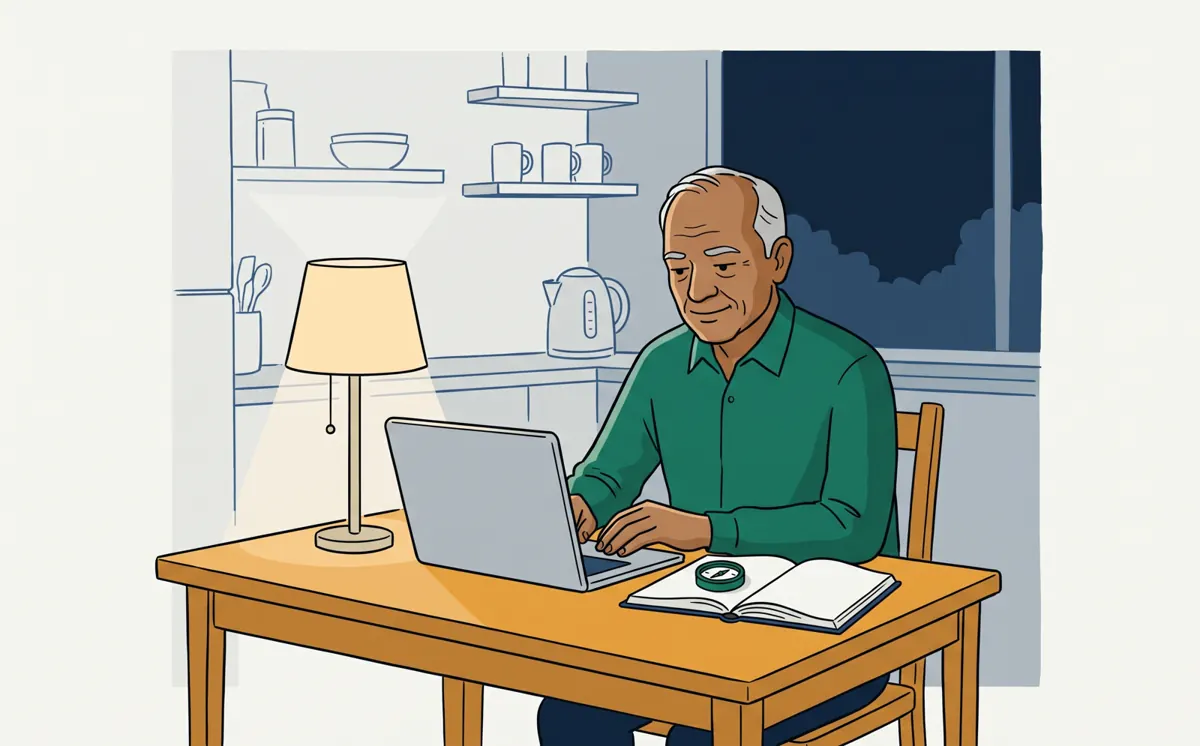 A representative reads an explanation on his laptop at the kitchen table.