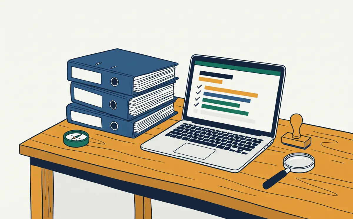 Neat binders and a laptop with tick marks: audit-ready evidence.