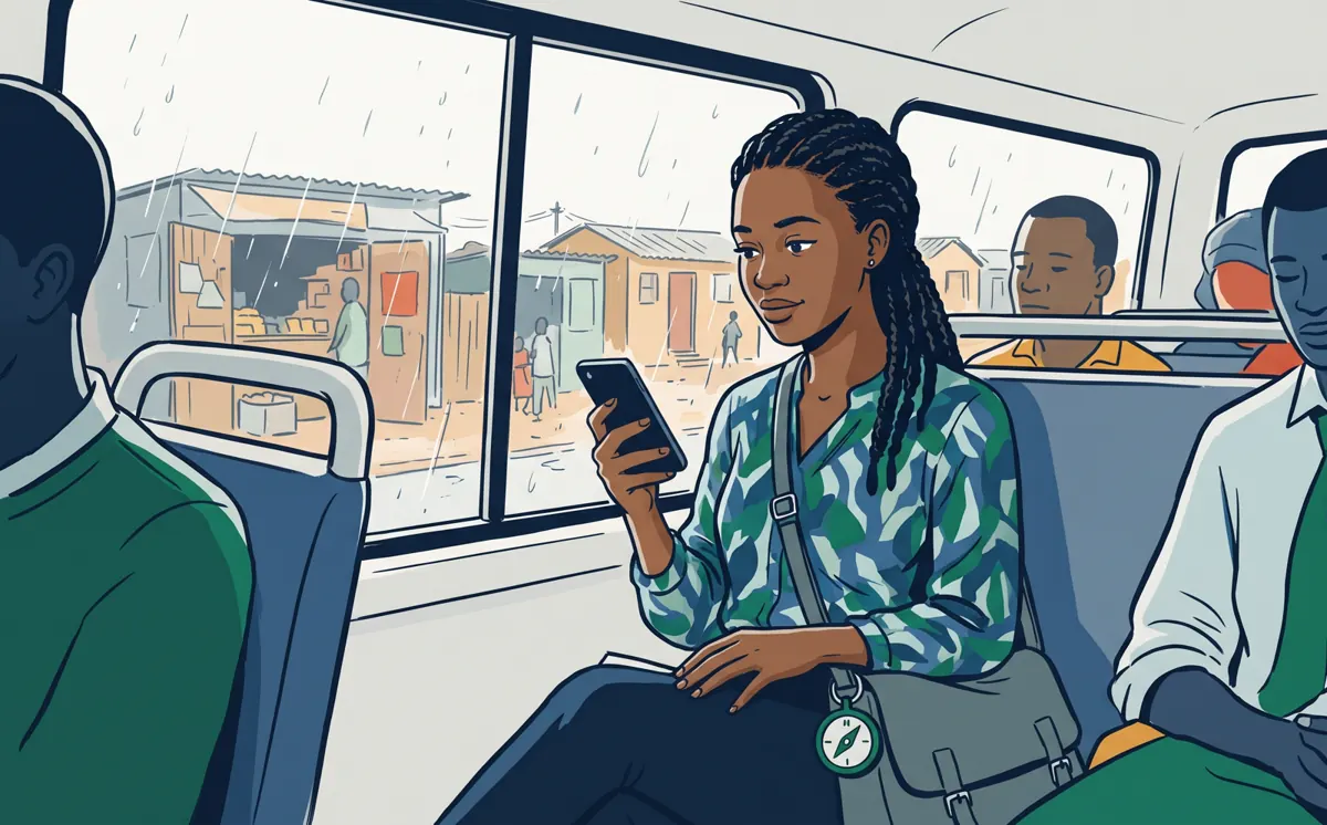 A young representative studies on her phone in a minibus taxi, with a small green compass clipped to her bag.