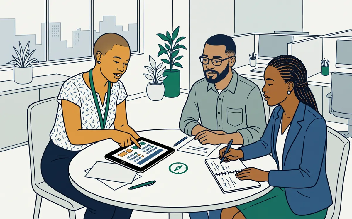 Three representatives practise questions together on a tablet.